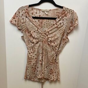 Mine Patterned y2k V-Neck Blouse - Pink and Brown